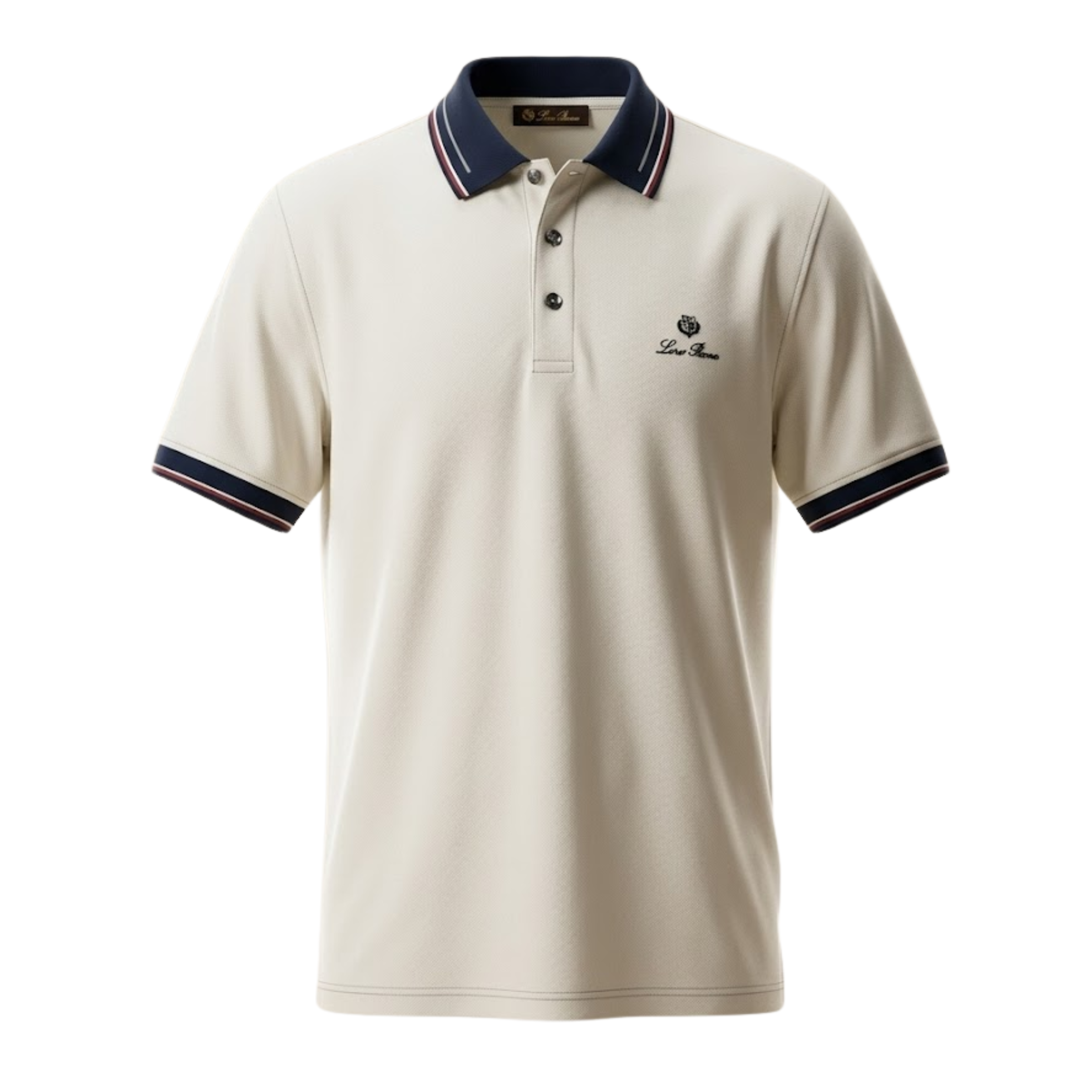 A short-sleeve polo shirt in cream with navy and red striped collar and sleeve cuffs, featuring a three-button placket and a small embroidered logo on the left chest, displayed on a clean white background.